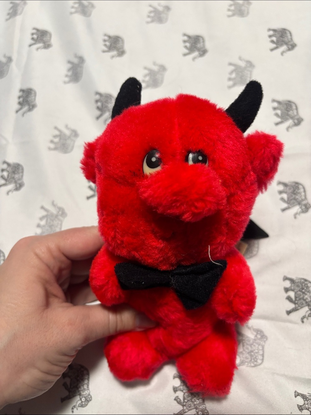 Red Plush Devil Toy with Black Bow
